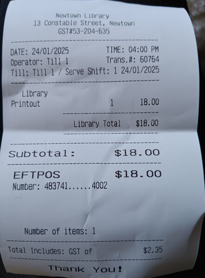 Receipt from library for printing