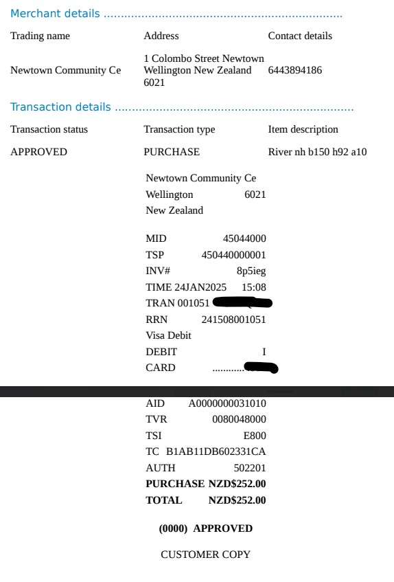 Receipt from Newtown Community Centre for rental of the hall