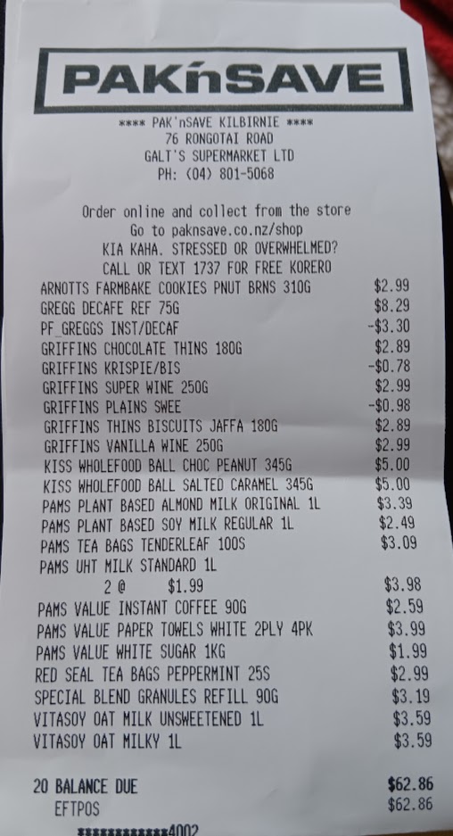 Receipt from Pak'nSave