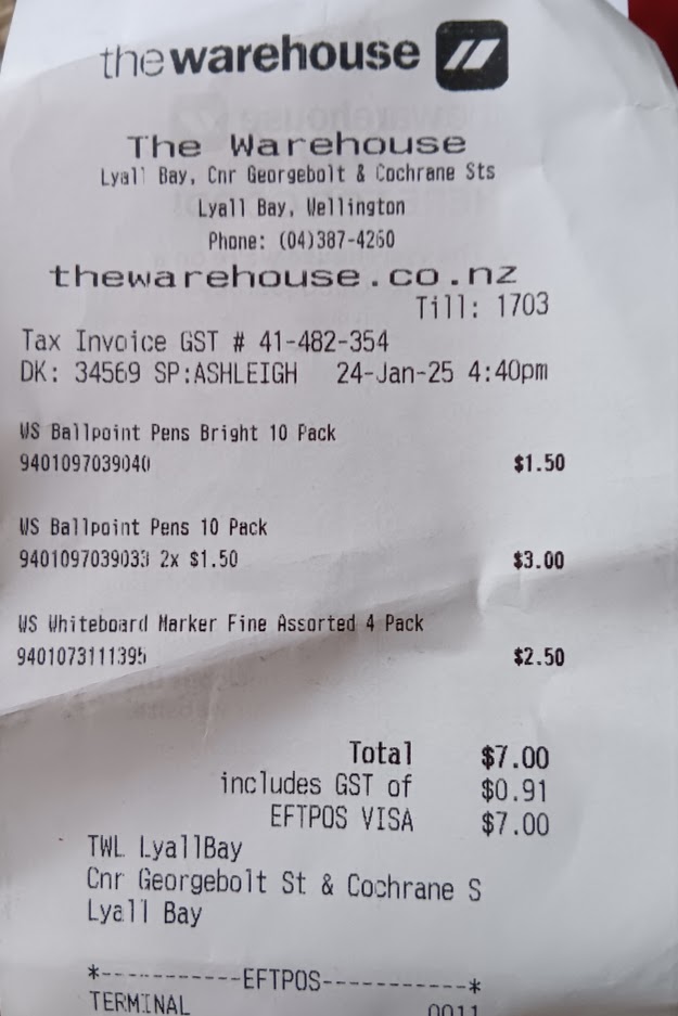 Receipt from The Warehouse